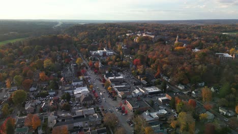 aerial ascending view of granville, ohio and denison university from high altitude