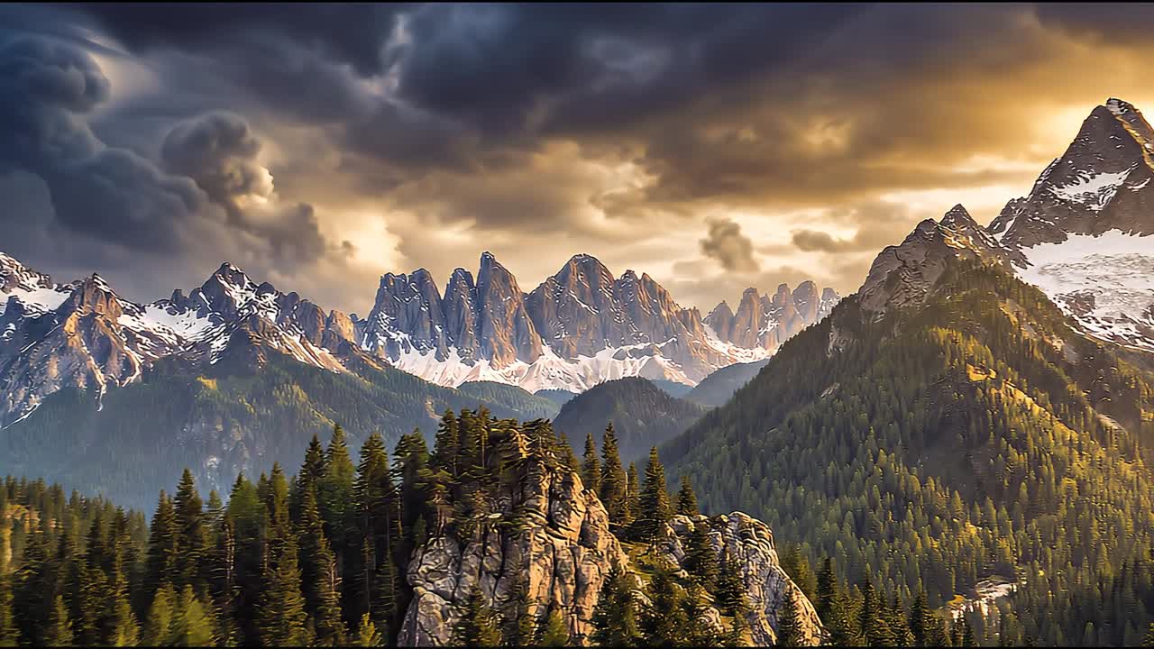 Vue panoramique de montagnes majestueuses et de forêt sous un ciel spectaculaire