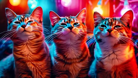 three cats with their mouths open and their mouths wide open in front of a colorful background