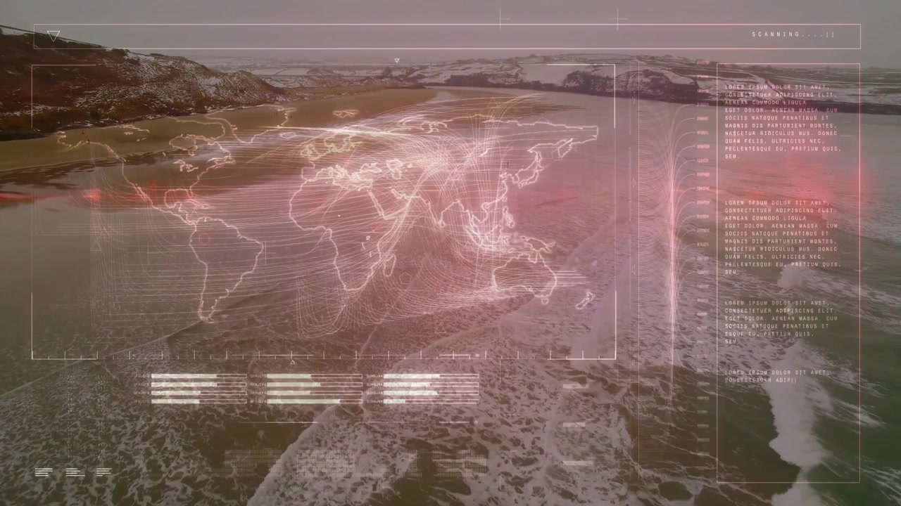 Digital world map overlaying coastal landscape, showing animated flow lines scanning grid panels