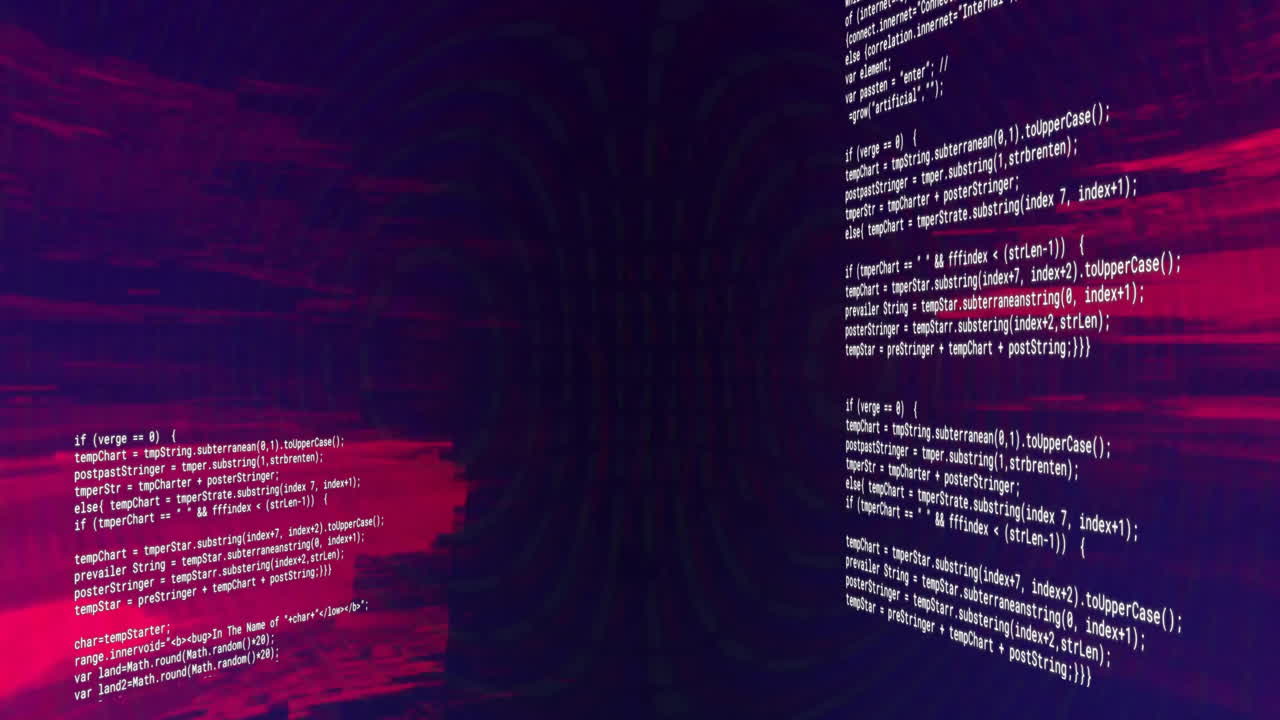 Animation of red lights and scrolling, glitching data processing on black background