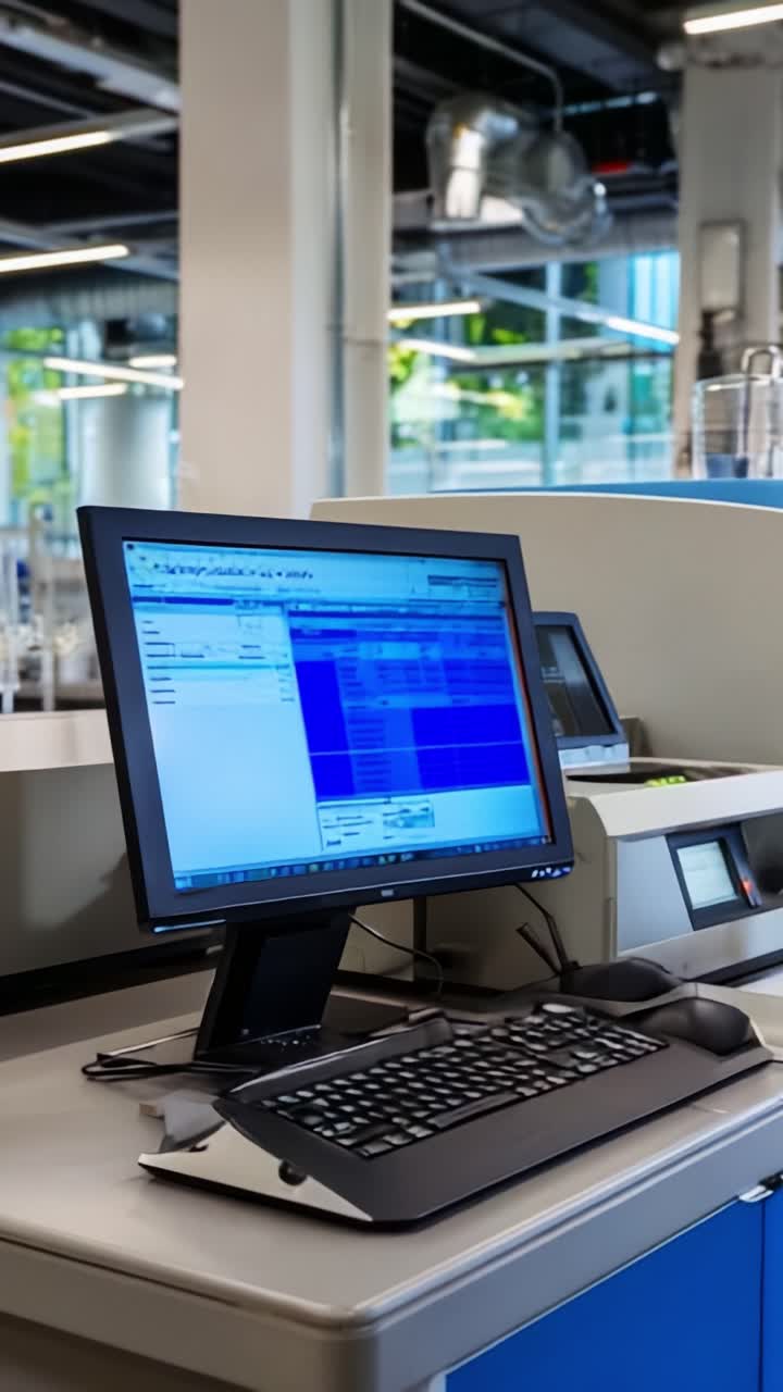 A modern computer workstation featuring an advanced monitor displaying data analysis software in a well-lit and organized office environment
