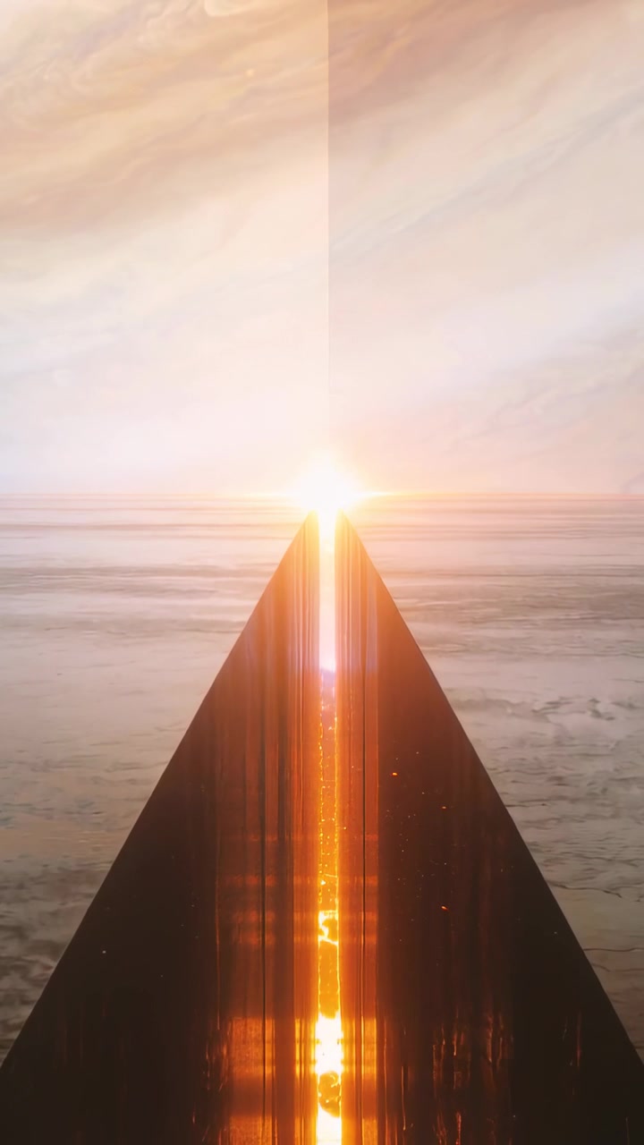 Vertical video: Aligning sun causing dark pyramid prow emitting orange core glow over calm ocean