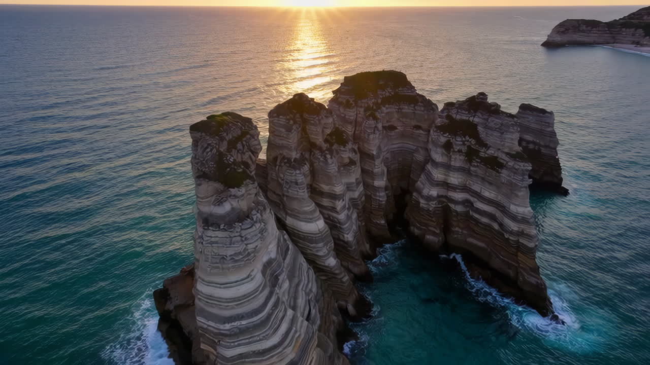 해가 지는 동안의 극적인 해안 바위