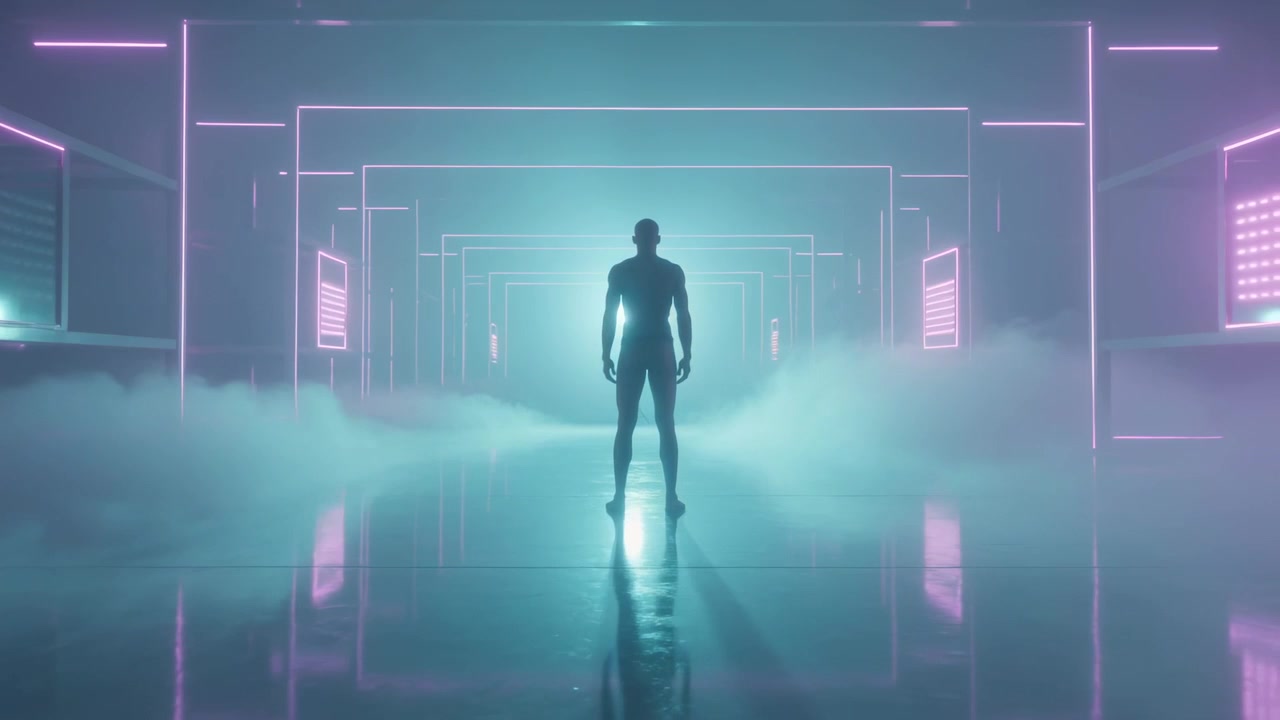 Uomo in piedi in pantaloncini sportivi di fronte a una forte retroilluminazione in un set al neon, con una macchina del fumo che si attiva per le riprese.