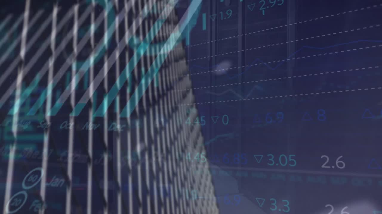 animación del procesamiento de datos estadísticos frente a una vista de ángulo bajo de un edificio alto