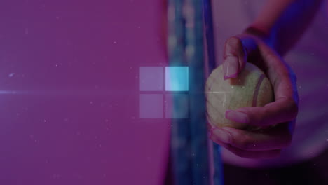 woman gripping yellow tennis ball in sports marketing, showing racket strings and floating grid