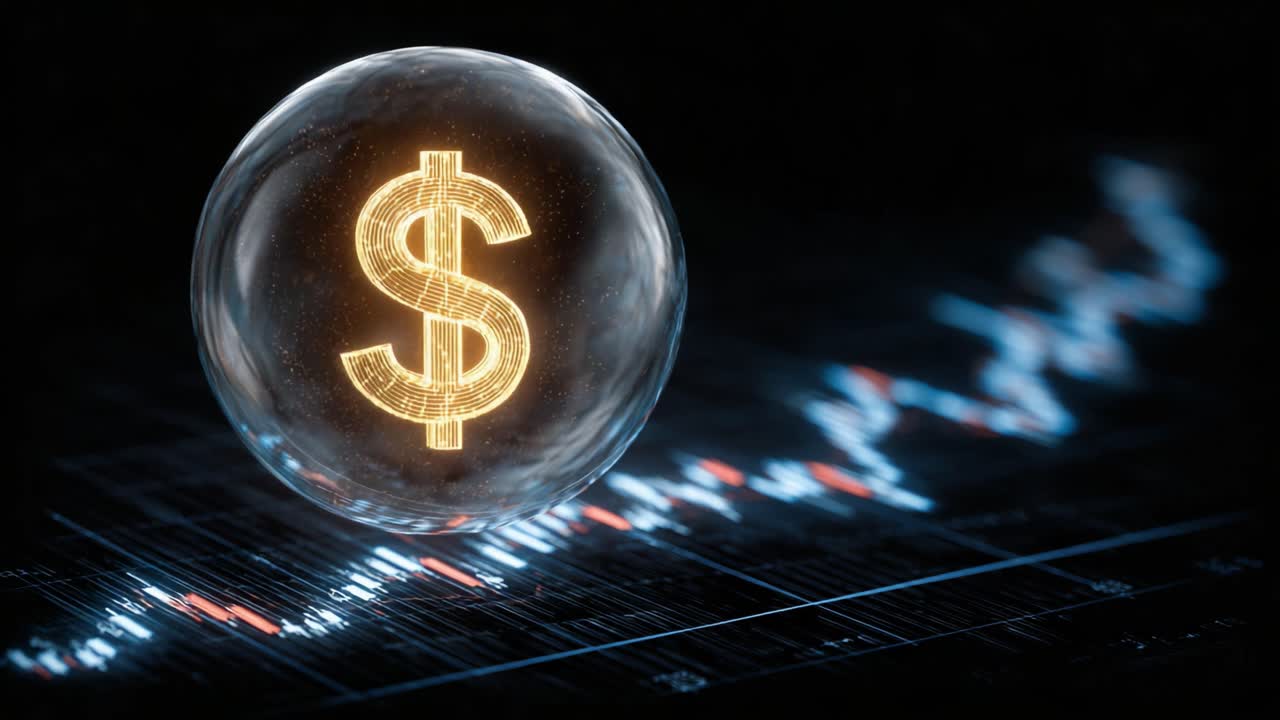 L'essenza della ricchezza: un simbolo del dollaro luminoso all'interno di una sfera di vetro circondato da grafici finanziari dinamici che rappresentano i movimenti economici.