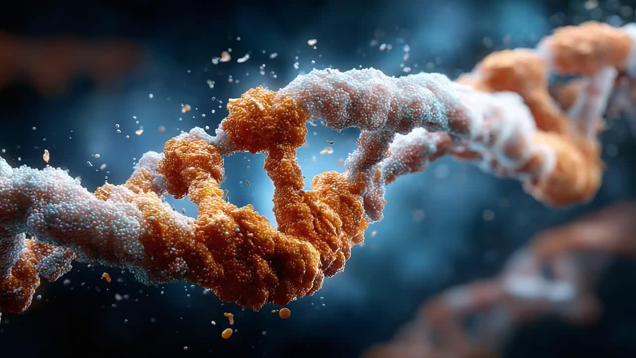 Magnified Molecular Structure: A Detailed Visualization of Twisted Biological Material with Intricate Textures and Vibrant Colors Against a Soft Blue Background