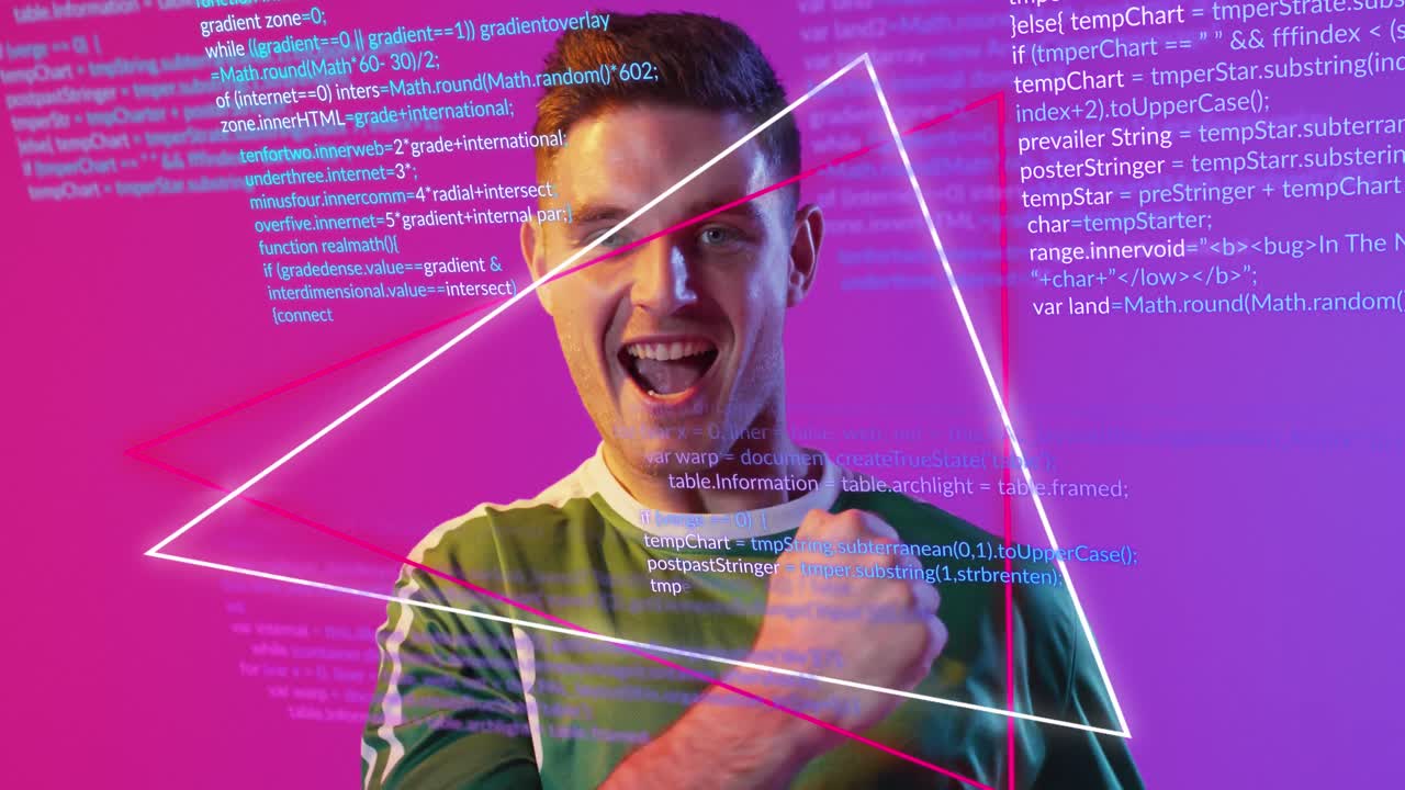 animación de un jugador de fútbol caucásico sobre procesamiento de datos