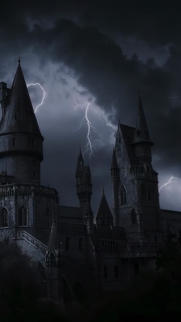 Video verticale: fulmine che colpisce un castello gotico tra le nuvole di tempesta, rivelando finestre e guglie