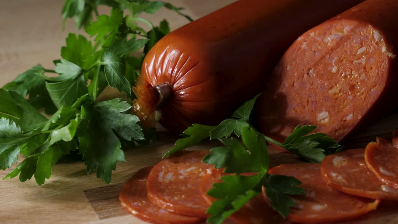 salchicha de pepperoni en rodajas en tablero de madera