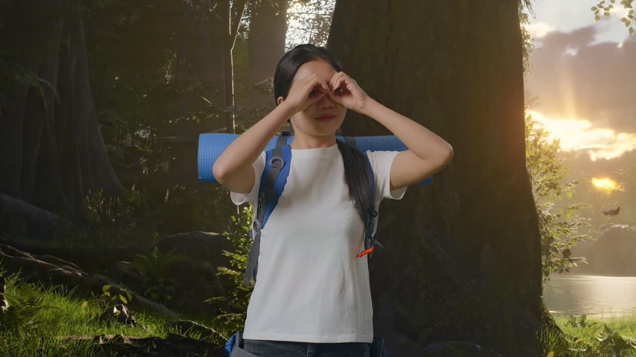 산악 배을 들고 있는 아시아 여성 하이커가 안경으로 무언가를 바라보는 몸짓을 하고 숲의 자연을 탐험하면서 와우라고 말합니다.