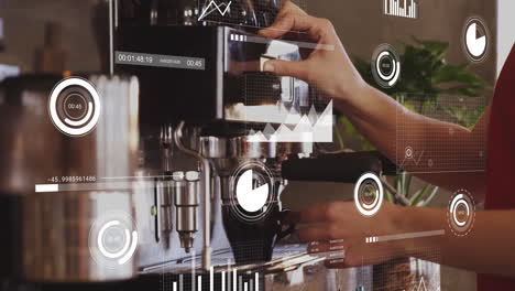 espresso portafilter being visualized in scene, with floating analytics charts in flat design