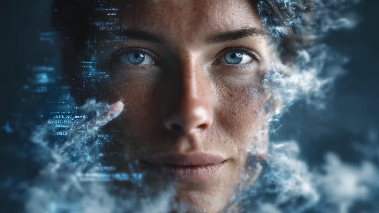 Exploring the Intersection of Humanity and Technology: A Woman's Face Merging with Digital Elements and Data Visualization in a Futuristic Setting