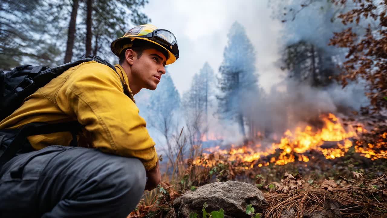 Modig brandmand bekæmper voldsom skovbrand med beslutsomhed og dygtighed i røgfyldt skov, hvor ukontrollerede flammer raser blandt træer og natur