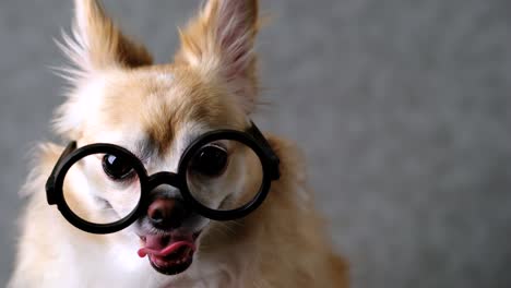 inteligente chihuahua perro marrón usar gafas negras redondas con fondo de cuero gris formato 4k