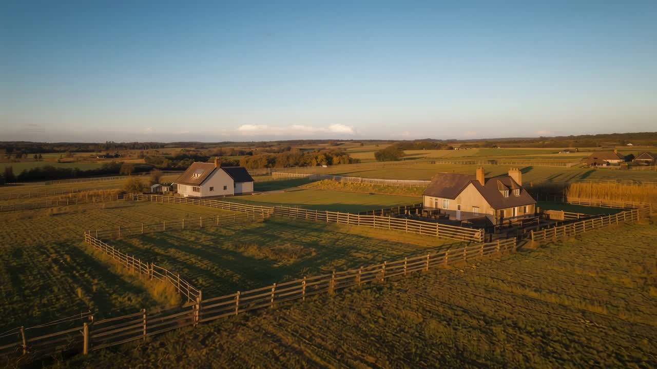 Hovering drone ascending and panning over farmhouse barn at sunset, revealing fence, tree lines
