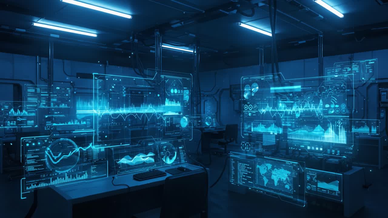 Advanced Data Visualization in a High-Tech Control Room Featuring Interactive Graphs and Analytics Explaining Complex Information