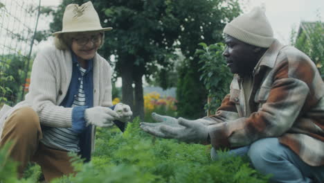 diverse senior couple gardening together