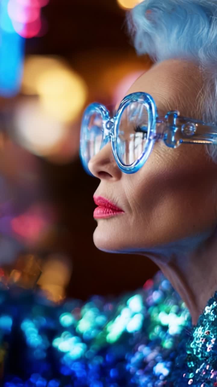 Glamorous Portrait of a Stylish Woman with Blue Hair and Oversized Glasses Captured in an Enchanting Atmosphere of Light and Color
