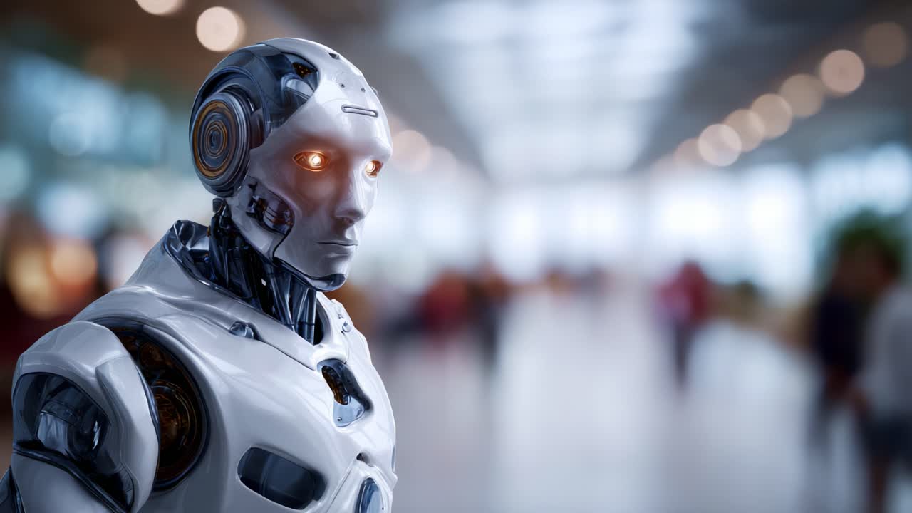 Un incontro futuristico: un robot avanzato interagisce con un umano in un ambiente moderno, evidenziando l'integrazione tra tecnologia e umanità nel mondo di oggi