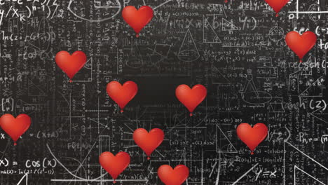 animación de corazones que caen sobre ecuaciones matemáticas en la pizarra