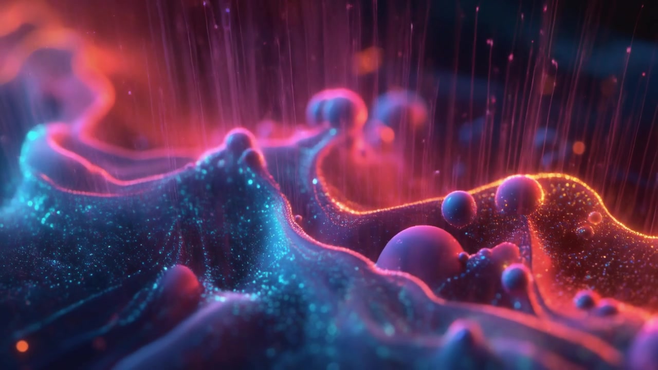Abstract Neon Fluid Motion with Floating Spheres and Light Particles