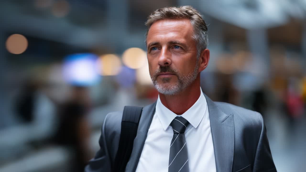 A professional-looking man in a suit exudes confidence and determination as he navigates a bustling environment, showcasing a blend of sophistication and focus in a dynamic, modern setting