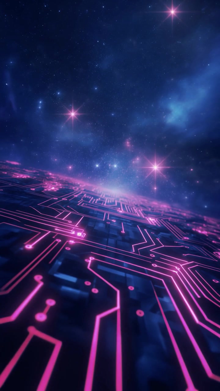 Futuristic Circuit Board Surface Merging with Deep Space Galaxy