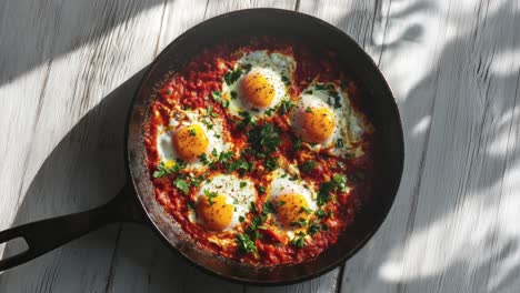 delicious shakshuka breakfast with sunny side eggs in cast iron skillet