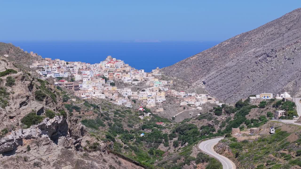 Drone Footage Revealing the Colorful Traditional Village of Olympos in the Mountainous Landscape of Karpathos Island, Greece