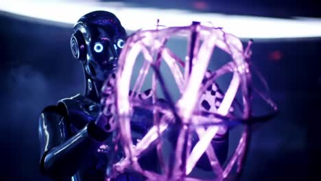 an advanced robot interacting with a luminescent orb, showcasing futuristic technology and intricate design in a mysterious atmosphere