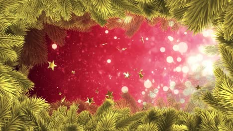 Animation-of-gold-stars-and-snow-falling-on-red-background-with-christmas-tree-border