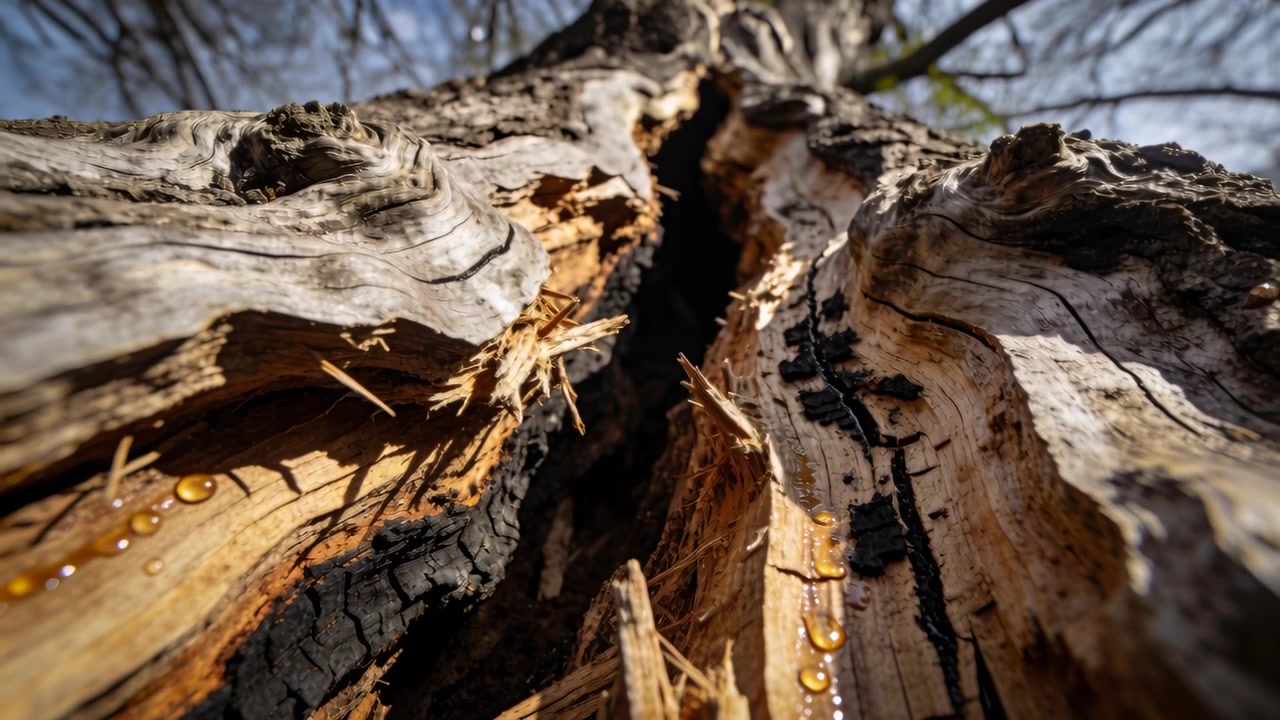Panning camera from closeup in woods, showing split trunk and amber resin highlighting decay