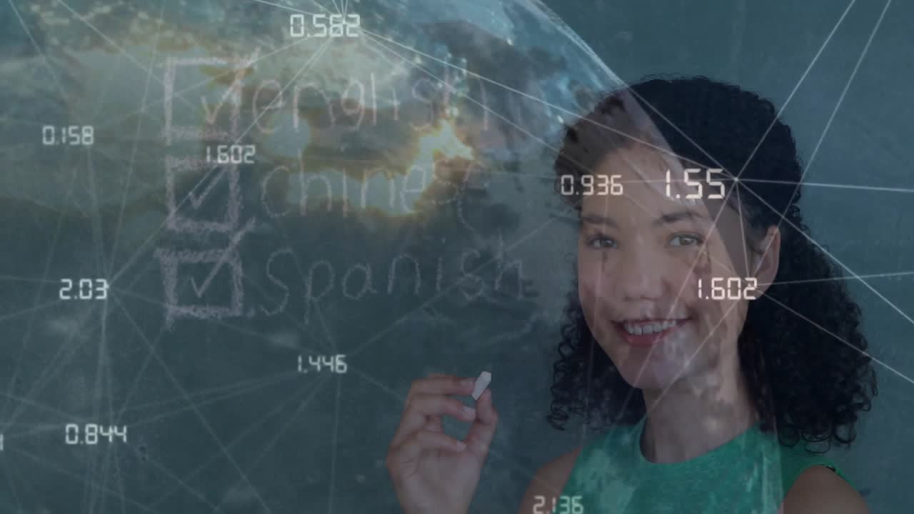 Teenage girl emerging behind globe and checking English Chinese Spanish on chalkboard for education