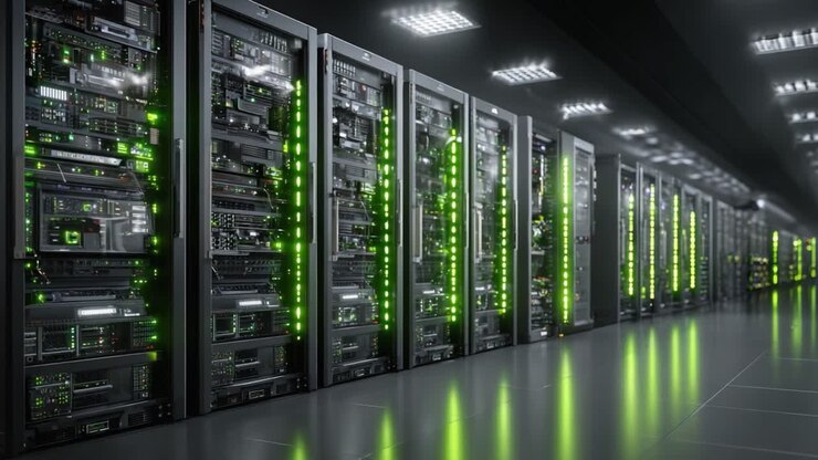 Futuristic Data Center with Rows of Servers and Green LED Lights, Showcasing Advanced Technology and Efficient Data Management in a Modern Environment