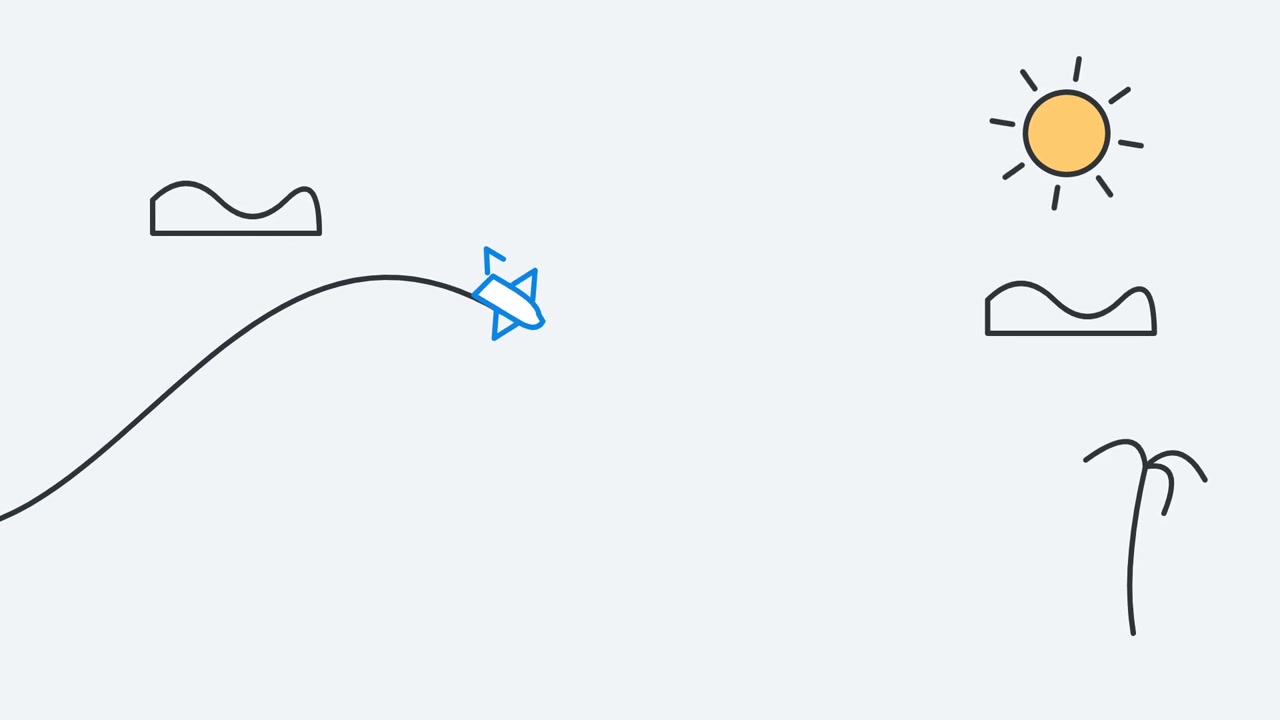 Animated Line Drawing of an Airplane Flying Over a Landscape