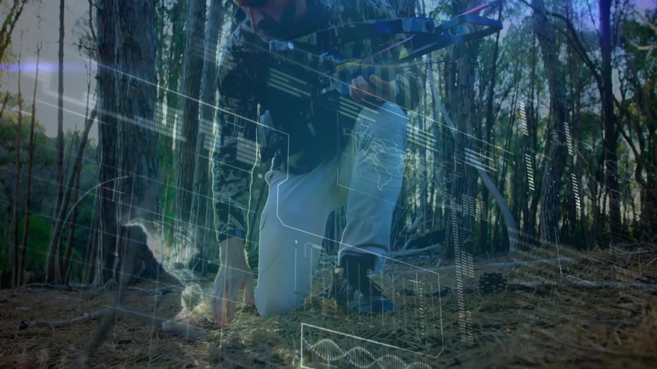 Soldier kneeling in forest slinging rifle activating sensor, scanning soil composition on HUD tech
