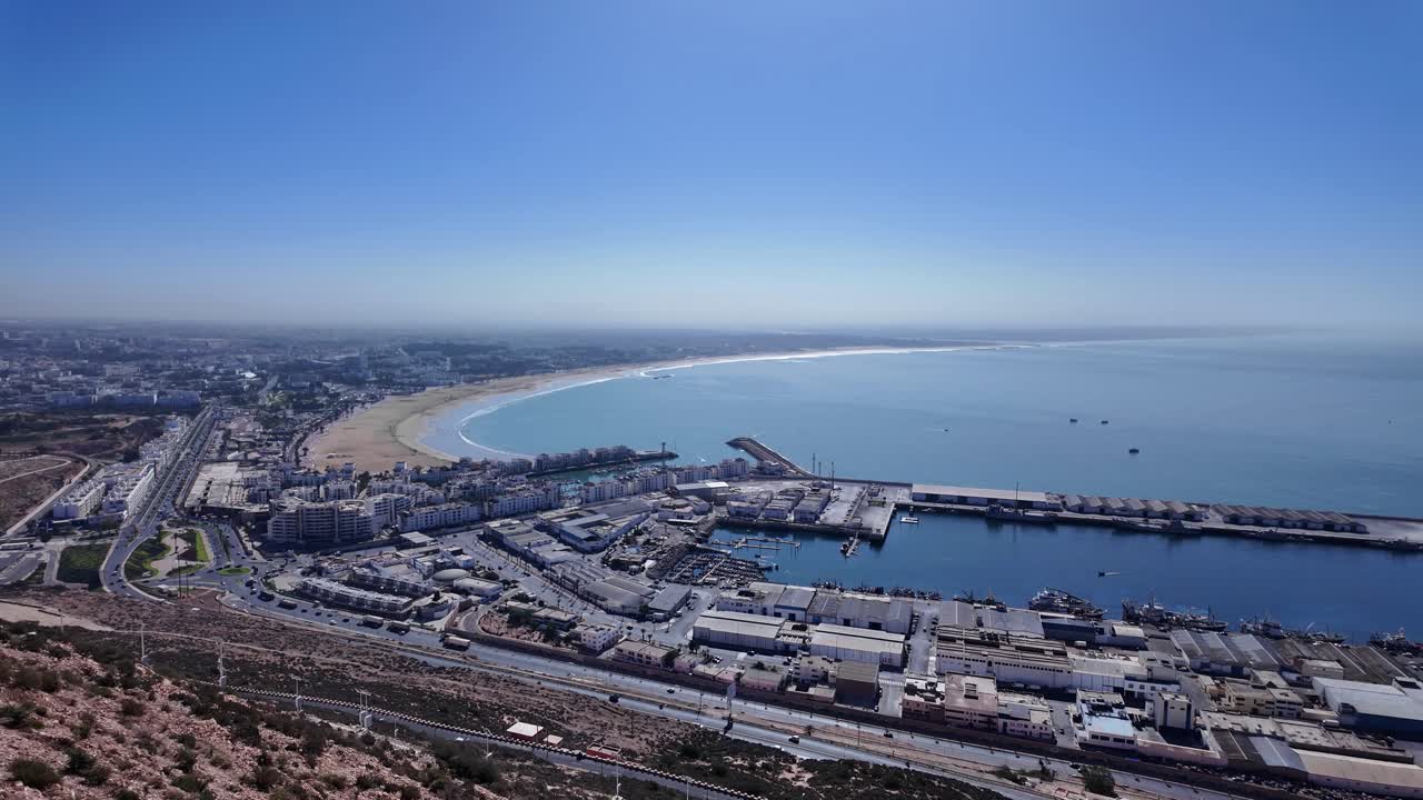 Agadir city Morocco hilltop view top landscape Atlantic ocean bay aerial travel holiday destination