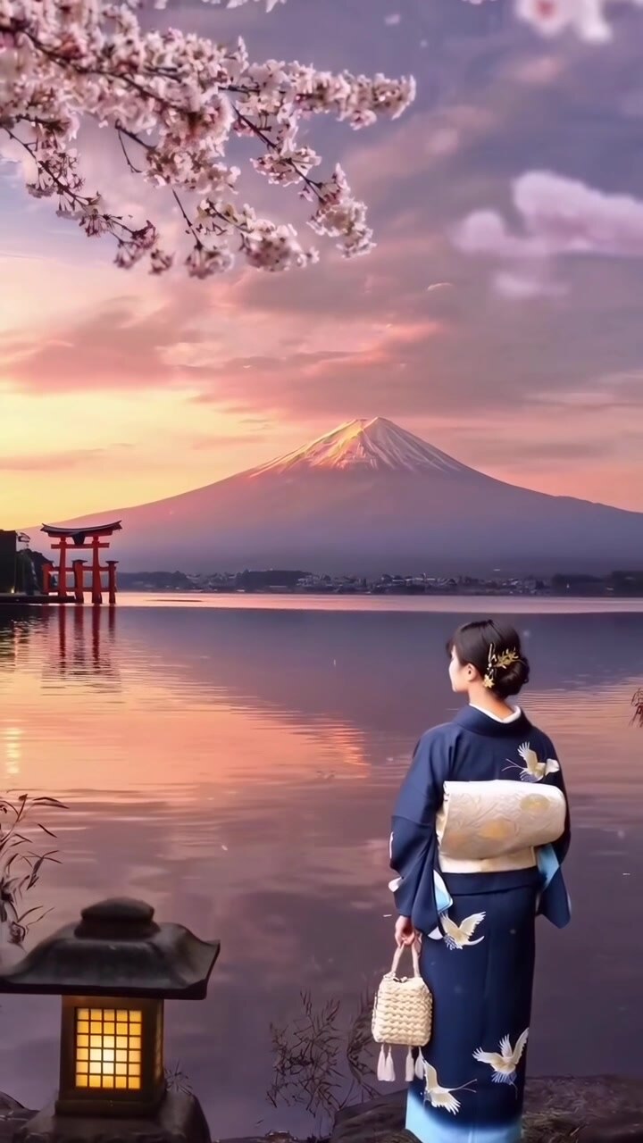 Donna in kimono in piedi vicino al lago con vista sul Monte Fuji