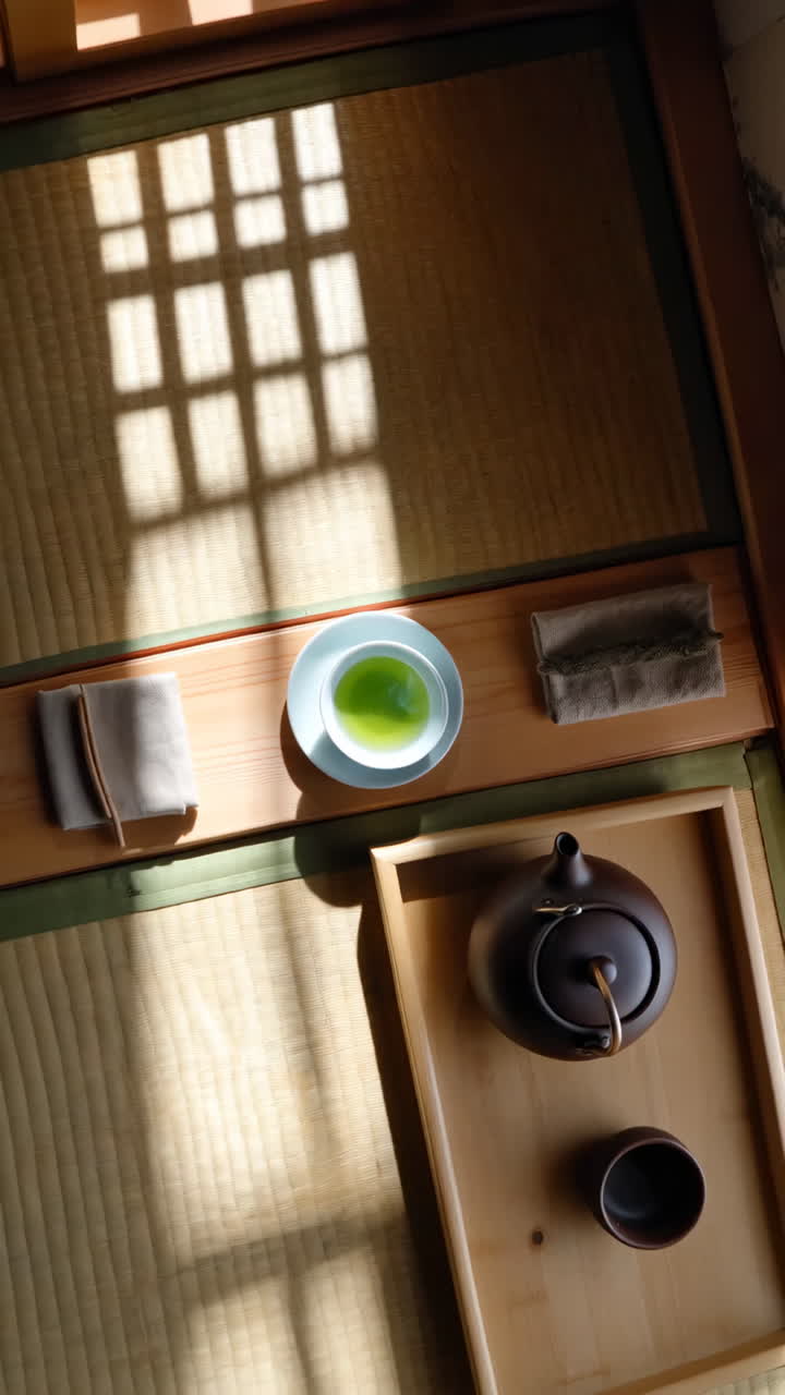 Traditional Japanese Matcha Tea Setting with Sunlight and Shadows