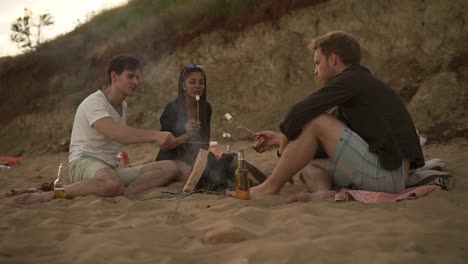 Group-Of-Cheerful-Friends-Sitting-By-The-Fire-On-The-Beach,-Grilling-Marsh-Mallows-On-The-Sticks