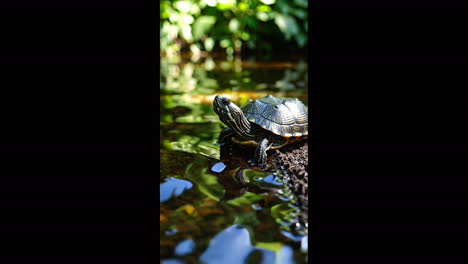 small turtle basking by the water