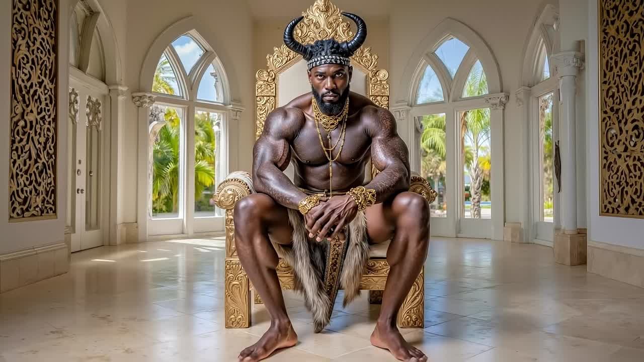A man sitting on a throne in a room with arches