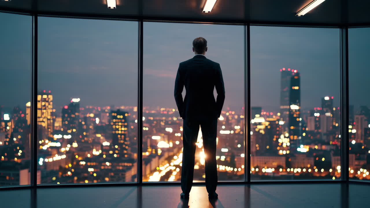 Businessman overlooks a sprawling city skyline at night from an office window