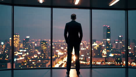 businessman overlooks a sprawling city skyline at night from an office window