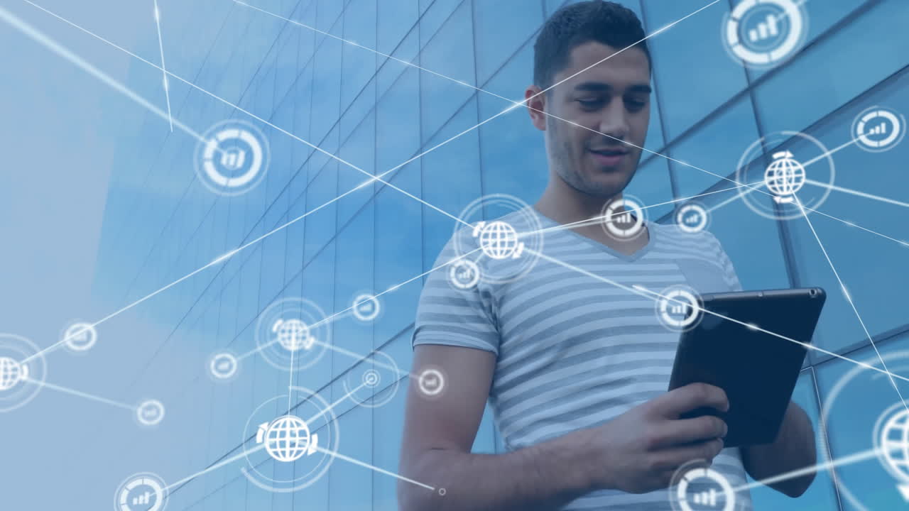 animación de la red de conexiones con iconos del globo sobre el hombre caucásico usando la tableta
