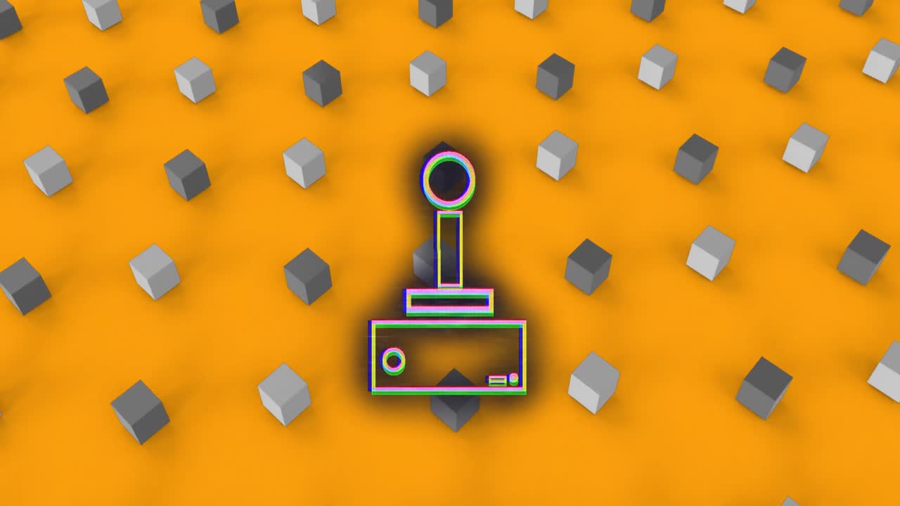 animación del joystick de videojuego sobre filas de cubos sobre fondo naranja