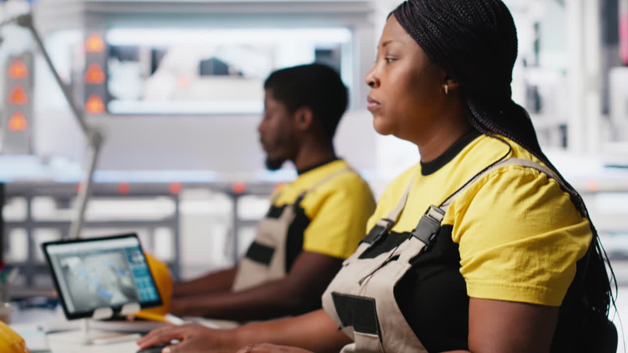 Vertical Video Black engineer testing solar technology at desk in renewable energy facility